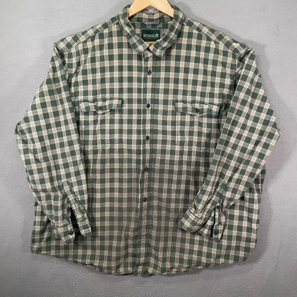 Outdoor Life Mens 3XL Plaid Flannel Long Sleeve Button Up‎ Shirt Green Beige